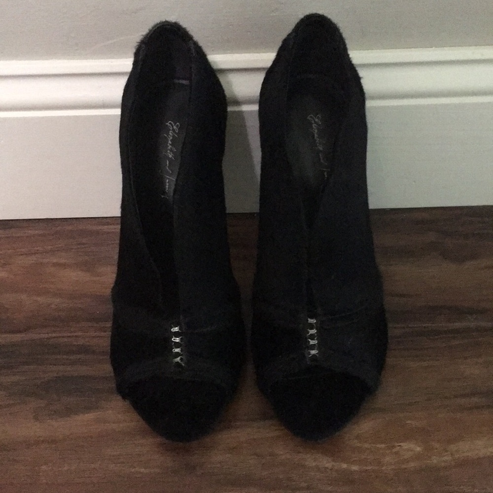 Gently worn black pony hair booties peep toe 5”